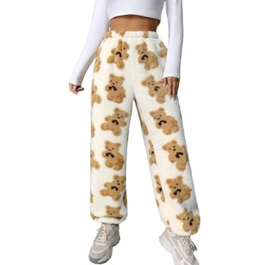 Imagem de MakeMeChic Pijama feminino cintura alta confortável calça lounge estampa urso calça de flanela de pelúcia, Multicor, M