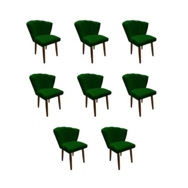 Imagem de Kit 8 Cadeiras De Jantar Estofada Pétala Tecido Veludo Verde Pés Palit