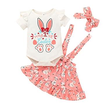 Imagem de Macaquinho saias de páscoa body infantil + suspensórios de babados coelho desenho animado meninas roupas de bebê estampadas maiô infantil, rosa, 6-9 Meses