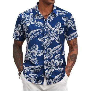Imagem de COOFANDY Camisa masculina havaiana floral tropical abotoada verão praia, Flores e folhas azul-marinho, M