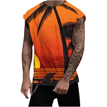 Imagem de Coletes masculinos gola redonda colete masculino treino atlético praia havaiana camiseta regata tropical verão outono 2024, E-469 Laranja queimado, 3G