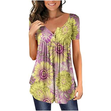Imagem de Camisetas femininas verão outono manga curta gola quadrada gradiente floral ajuste solto blusa feminina franzida longa 2024, H-610 amarelo mostarda, 3G