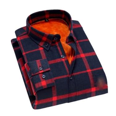 Imagem de Camisa masculina masculina xadrez de flanela masculina casual outono inverno primavera grossa lã quente algodão manga longa, Vermelho, M