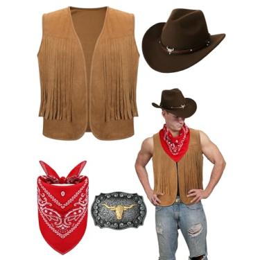 Imagem de Toulite 4 peças de roupas ocidentais masculinas caubói borla colete chapéu fivela cinto bandana Paisley para cosplay de Halloween, Marrom, café, vermelho, G