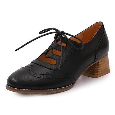 Imagem de Mona flying Sapato feminino vintage de couro grosso salto médio Oxfords Brogues sapato de bico redondo perfurado, Preto - 5, 7.5