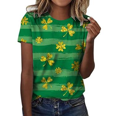 Imagem de PKDong Happy St Paddys Day Camisetas femininas gola redonda manga curta trevo impresso camiseta casual Irish Lucky Shamrock, Z02 Amarelo, GG