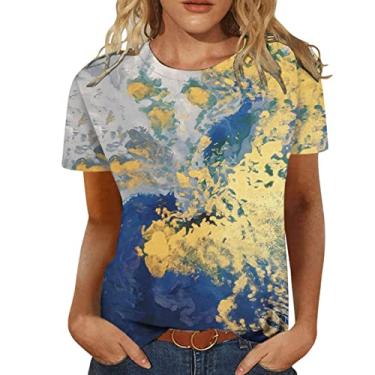 Imagem de PKDong Camisetas femininas estampadas, gola redonda, manga curta, túnica, camisetas femininas modernas, Amarelo, G