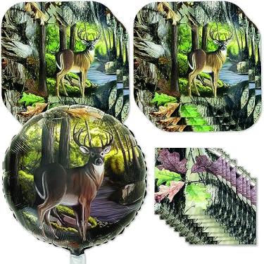 Imagem de Havercamp Hunting Camo Pacote de artigos de festa para 16 convidados; Pratos de jantar quadrados de 22,86 cm, guardanapos, copos e balão de Mylar de 45,72 cm