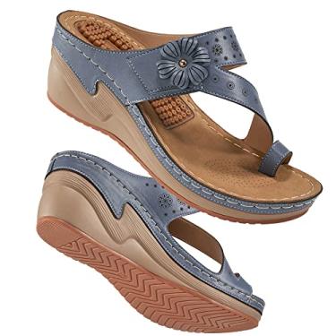 Imagem de Sandália feminina anabela chinelo com suporte de arco verão confortável plataforma boêmia sapatos baixos função de massagem sandália tanga casual, W - azul, 9.5