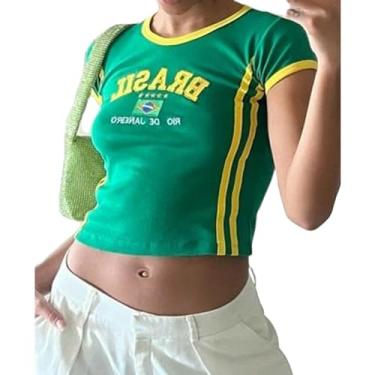 Imagem de Camisetas femininas para bebês Y2k Tops Brasil cropped Y2k camisetas estampadas para mulheres vintage 90 camisas streetwear, Brasil-verde, P