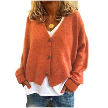 Imagem de LUZBOSE Suéter feminino cardigã feminino gola V manga longa casual cor sólida suéter solto colete de malha pulôver adequado para mulheres e meninas modernas (G, laranja)