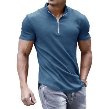 Imagem de ZIWOCH Camisetas polo masculinas com zíper slim fit de malha manga curta casual para golfe com nervuras elásticas macias, Azul, XXG