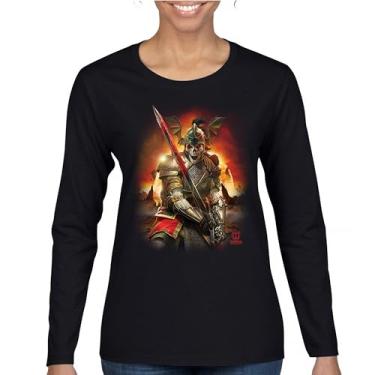 Imagem de Camiseta feminina de manga comprida Apocalypse Reaper Fantasy Skeleton Knight with a Sword Medieval Legendary Creature Dragon Wizard, Preto, XXG