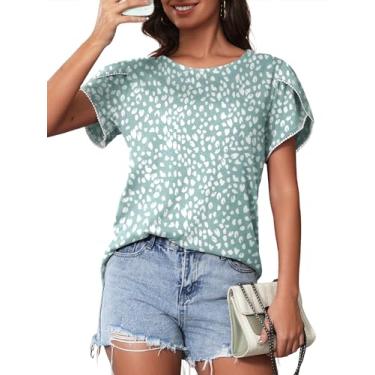 Imagem de Bellcoco Camisetas femininas de verão casual gola redonda blusa de renda crochê manga curta linda estampa floral túnica solta tops, Ponto verde claro, XXG