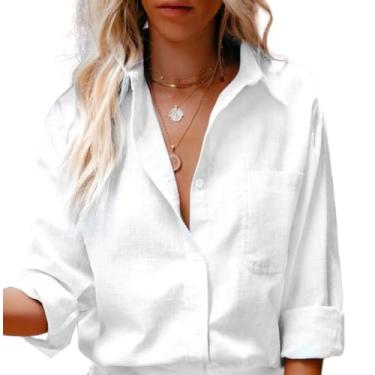 Imagem de Camisa feminina vintage casual manga longa abotoada lapela algodão linho ajuste solto, Branco, P