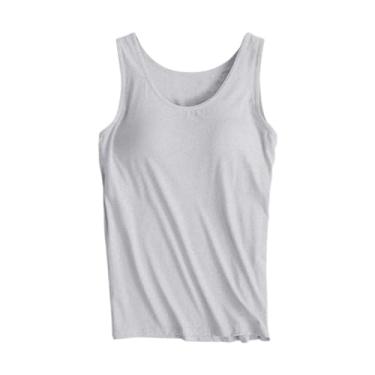 Imagem de Camiseta feminina de algodão, sutiã embutido, sem mangas, confortável, elástica, ioga, academia, treino, alças ajustáveis, Cinza, 3G