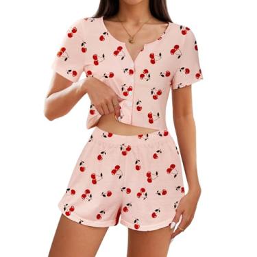 Imagem de American Trends Conjunto de pijama feminino, 2 peças, abotoado, manga curta, conjunto de pijama floral, Estampa cerejeira, GG