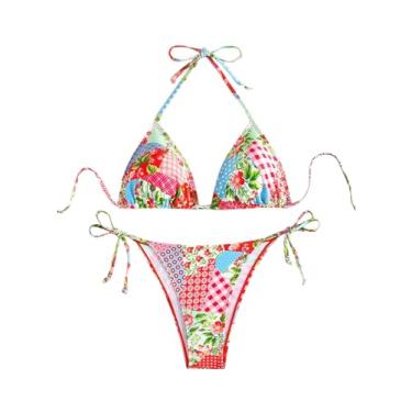 Imagem de WDIRARA Conjunto de biquíni feminino de 2 peças, boêmio, estampa floral, frente única, triângulo, conjunto de biquíni de praia, Vermelho multicolorido, M