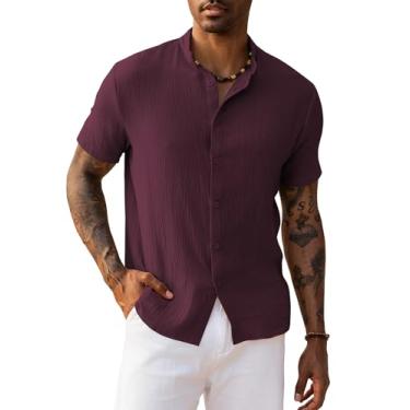 Imagem de URRU Camisa masculina de manga curta casual de algodão abotoada gola de faixa verão praia férias camisas, Vinho tinto, XXG