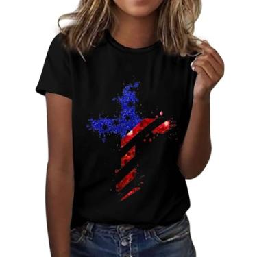 Imagem de Camiseta feminina com bandeira americana Star Stripes 2024, 4 de julho, patriótica, manga curta, verão, casual, tops, Preto, G