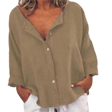 Imagem de Camisa feminina com botão e gola V, casual, linho, algodão, enrolar, manga comprida, caimento solto, blusa lisa, Caqui, 5G