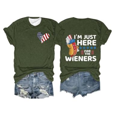 Imagem de Camiseta feminina com bandeira americana de manga curta de manga curta I'm Just Here for The Wieners com gola redonda casual de verão, Verde militar, GG