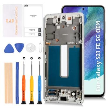 Imagem de Olivechard Tela LCD original S21 FE 5G G990 OEM AMOLED + moldura branca para Samsung Galaxy S21 FE SM-G990u/u1/w/b/e 16.3 cm LCD Screen Display Substituição Touch Digitalizador Kit de montagem