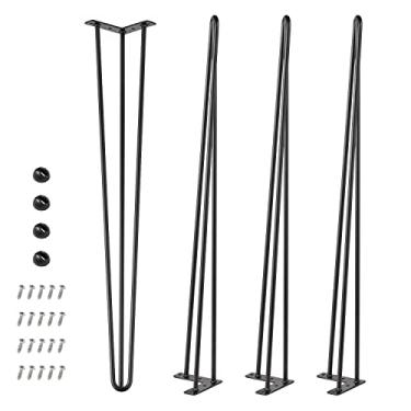 Imagem de Conjunto de 4 pernas de mesa de grampo de cabelo de 86 cm, 3 hastes de pernas de móveis para serviço pesado DIY para mesa de jantar, balcão, mesa de altura de barra, banco, 3/8" de diâmetro preto acetinado meados do século moderno pernas de grampo de cabelo