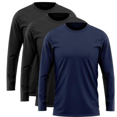 Imagem de Kit 3 Camisetas Manga Longa Proteção Solar Uv50 Ice Tecido Gelado 2 Pretas 1 Marinho-Masculino
