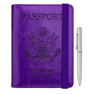 Imagem de WALNEW Suporte de passaporte para viagem, carteira de passaporte RFID para mulheres e homens, capa de couro PU para passaporte, porta-cartões com caneta, itens essenciais de viagem para voar, A -