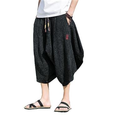 Imagem de Seidarise Calça de praia masculina japonesa tradicional de linho capri verão harém calça cropped perna larga, 68 preto, GG