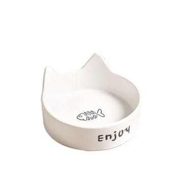 Imagem de XINCHANG Tigelas de cerâmica para animais de estimação, conjunto de tigela de comida e água para cães com suporte de madeira antiderrapante (orelha de gato, osso de peixe branco, tigela única)