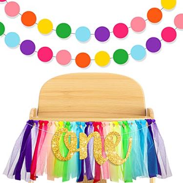 Imagem de Rainbow High Chair Banner for 1st Birthday Highchair Tutu Skirt Decoration with 1 Pennant and 2 Colorful Round Paper Banner for 1st Birthday Party, Birthday Decoration Supplies (Rich Colors)