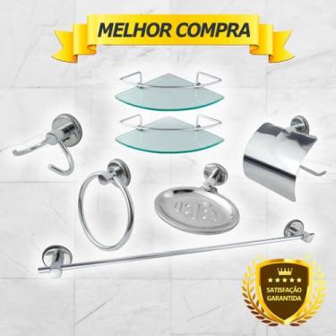 Imagem de Kit Acessório Para Banheiro Aço Inox 5 Peças + 2 Porta Shampoo Vidro C