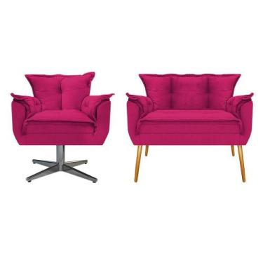 Imagem de Kit Namoradeira e Poltrona Opala Base Giratória de Metal Suede Pink - 