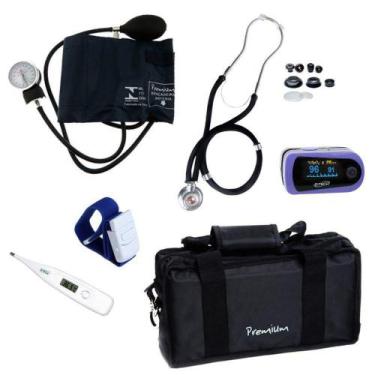 Imagem de Kit Aparelho De Pressão + Oxímetro + Esteto Duplo + Garrote + Bolsa + 