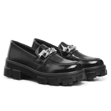Imagem de Mocassim Feminino Tratorado Corrente Preto Verniz Confortável Top - Lo