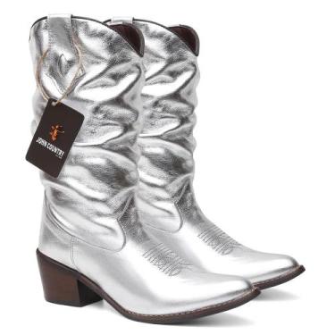 Imagem de Bota Texana Feminina Bico Fino Enrrugada em Couro Cor Prata Ref. Fino-