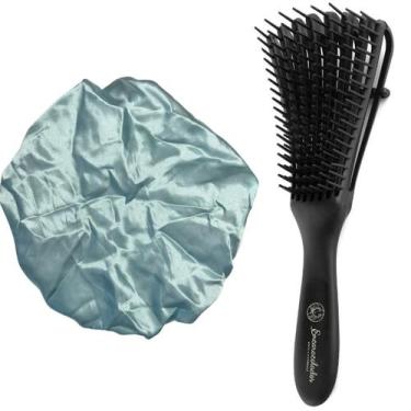 Imagem de Kit Escova Basic Preta + Touca de Cetim Adulto Azul/Rosa - Encaracolad