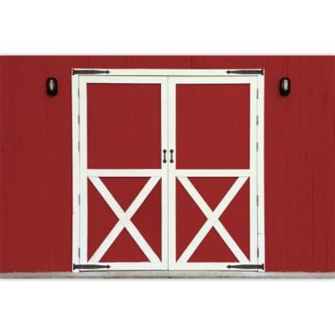 Imagem de Canessioa Fundo de porta de celeiro vermelho tema fazenda rústica ocidental palheiro fundo de porta de madeira parede vermelha fazenda porta branca faixa de festa de aniversário bolo decoração de mesa