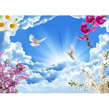 Imagem de BELECO Pano de fundo de pomba da paz de tecido de 2,1 x 1,5 m espírito santo pássaro Jesus Cristo pano de fundo céu azul nuvens brancas céu luzes brilhantes amor e paz primavera flores fundo decoração
