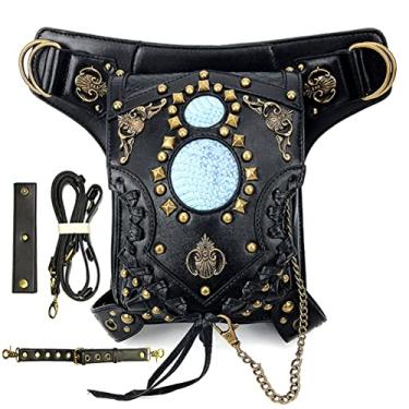 Imagem de Bolsa de cintura, pochete de motocicleta, bolsa para coxa, quadril, bolsa mensageiro, de couro, bolsa de ombro, carteira, bolso, Preto 082, Medium, Punk
