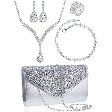 Imagem de Henoyso Conjunto de 5 peças de joias de strass para formatura com strass, bolsa de embreagem de strass, colar de noiva, brincos, pulseiras para mulheres, Classic Style, poliéster, strass, couro PU