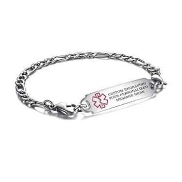 Imagem de LinnaLove Pulseiras de alerta médico para homens e mulheres Pulseiras médicas intercambiáveis de aço inoxidável, gravação gratuita, 8.5 inches, Aço inoxidável, Sem Pedra Preciosa