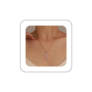 Imagem de Sttiafay Colar de cruz de diamante para mulheres, pingente de asas de anjo, colar memorial pequeno com cruz de cristal, pingente de corrente para dia dos namorados, presentes para casais, Metal