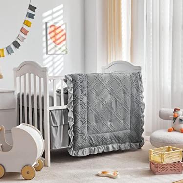 Imagem de Conjunto de cama de berço tufado com babados, 3 peças, edredom acolchoado boho, com lençol e saia para cama - lindo babado, chique, cobertor macio, design cinza