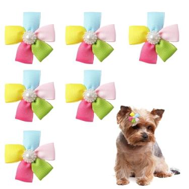 Imagem de Grampos de cabelo de cachorro com pérola branca e flor colorida – 6 peças de grampos de cabelo de jacaré para cães com bico de pato, presilhas de pelo de animais de estimação, acessórios de cabelo