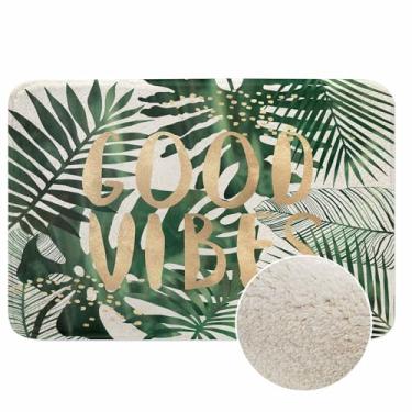 Imagem de Good Vibes Tapete de banho dourado com palavras douradas, tapete de microfibra macio e felpudo para banheiro, tapete macio e confortável absorvente de água, antiderrapante, lavável na máquina, 50 x 76