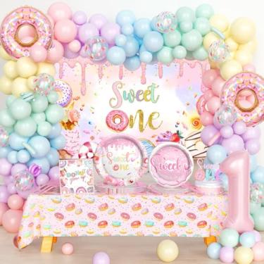 Imagem de Hombae Sweet One Birthday Party Decorations, Donut First Birthday Decorations for Girls, Donut 1st Birthday Party Supplies with Backdrop Banner Cake Topper Tableware for 1 Year Old Party Decorations