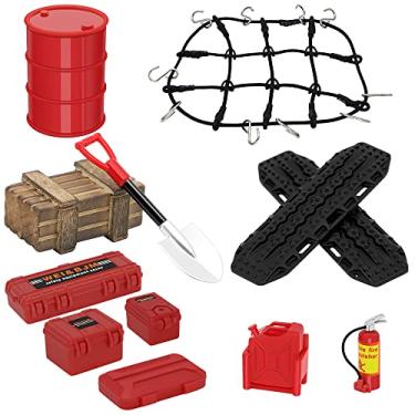 Imagem de GLOBACT 1/24 1/18 RC Crawler Accessories Car Roof Decoration Luggage Net, Recovery Board, Fire Extinguisher, Toolbox, Wood Box, Shovel for 1/18 TRX4M 1/24 Axial SCX24 Upgrade (12Pcs Red)